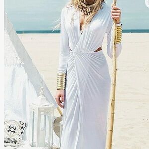 White Long-Sleeve Dress with Cut Outs and Slit